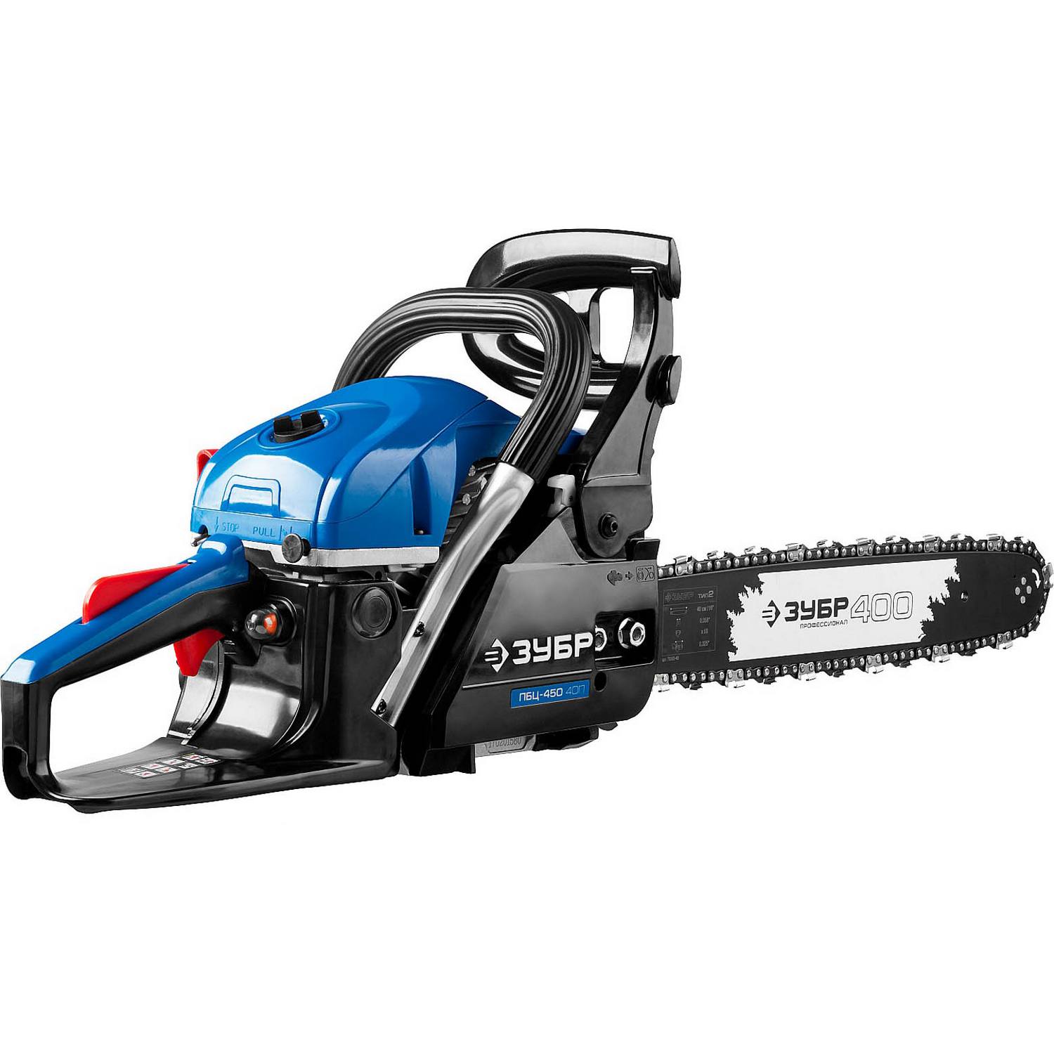 Пила цепная бензиновая, ЗУБР Профессионал ПБЦ-450 40П, хромир. цилиндр, праймер, 45 см3 (1.8 кВт), шина 400 мм, 10800 об/мин