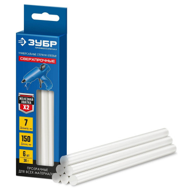 ЗУБР Профессионал прозрачные сверхпрочные клеевые стержни, d 7 х 150 мм (7-8 мм) 6 шт. 38 г {06855-6}