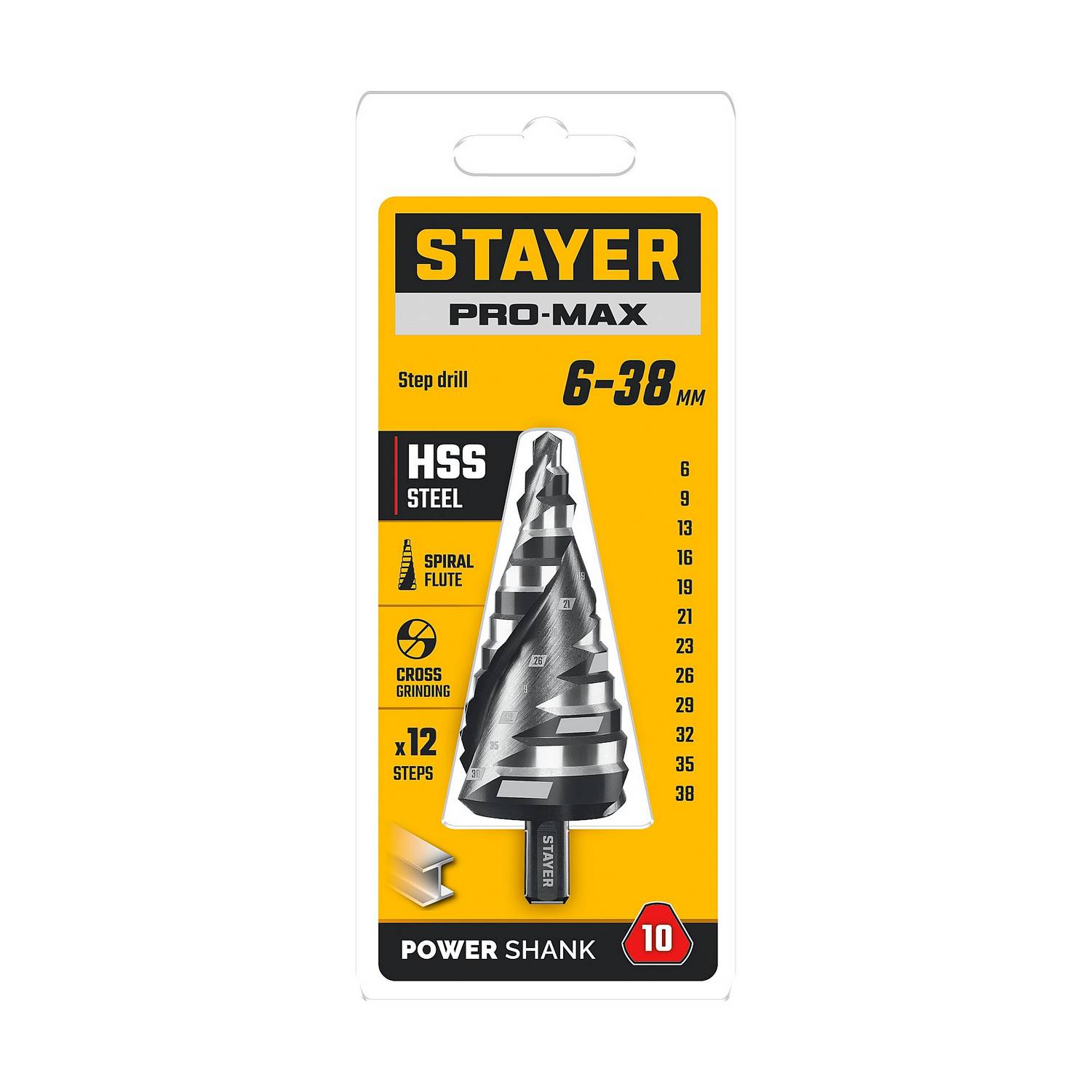 STAYER Pro-Max 6-38мм, 12 ступеней, винтовая спираль, сверло ступенчатое {29661-6-38-12}
