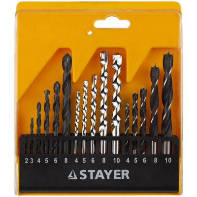 STAYER  дерево 4-5-6-8-10 мм, металл 2-3-4-6-8 мм, бетон 4-5-6-8-10 мм, набор комбинированных сверл (29720-H16)