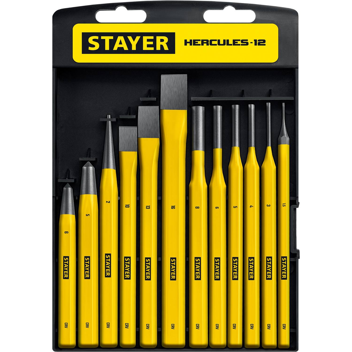 STAYER  Hercules, 12 предметов, набор зубил и кернеров в пластиковом держателе, Professional (21077-H12)