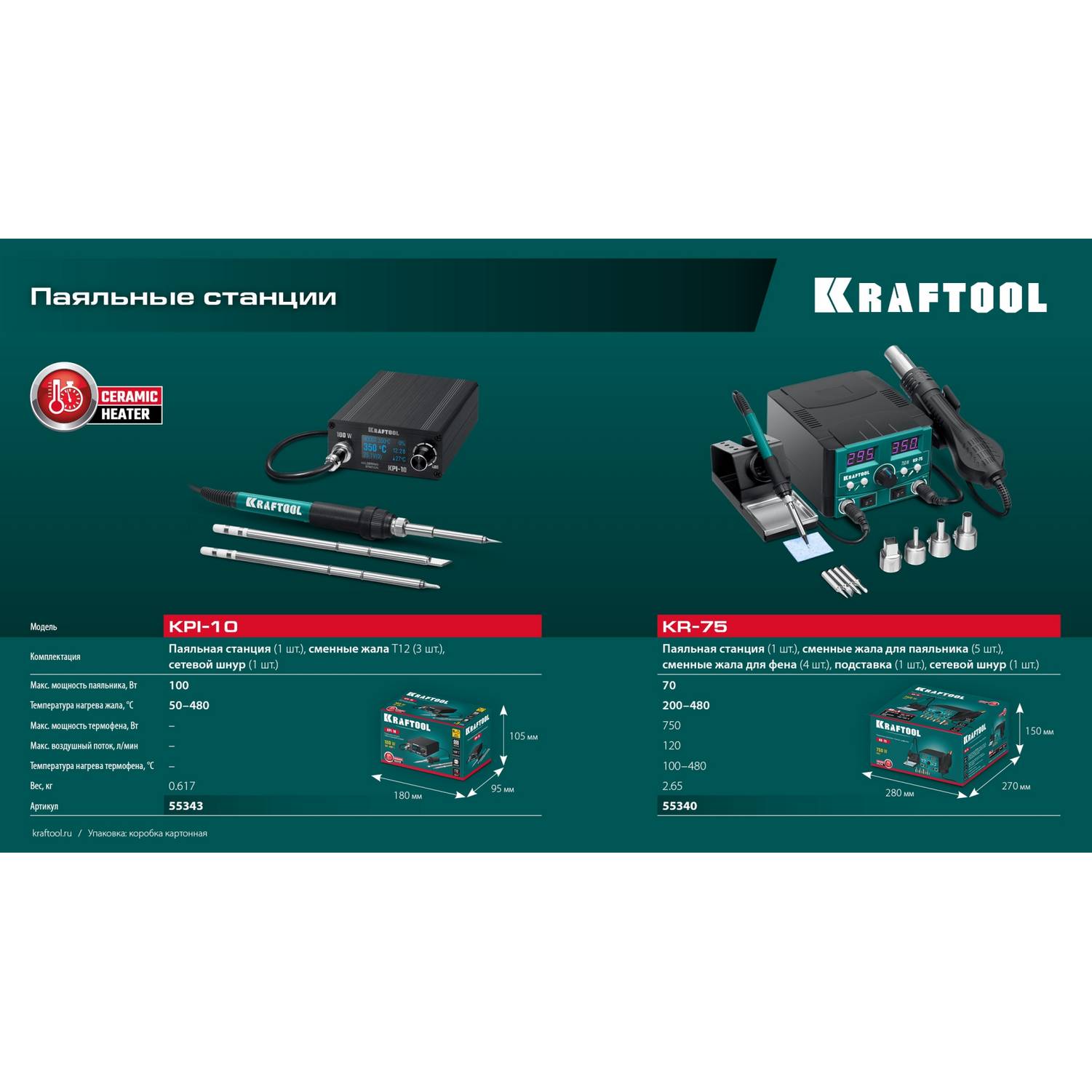 KRAFTOOL  KR-75, 2-в-1 100-480°С 750 Вт, Ремонтная паяльная станция (55340)