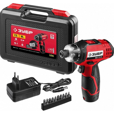 ЗУБР ОШ-7.2 Н отвертка-шуруповерт аккумуляторная 7.2 В, в кейсе с 10 битами {ОШ-7.2 Н}