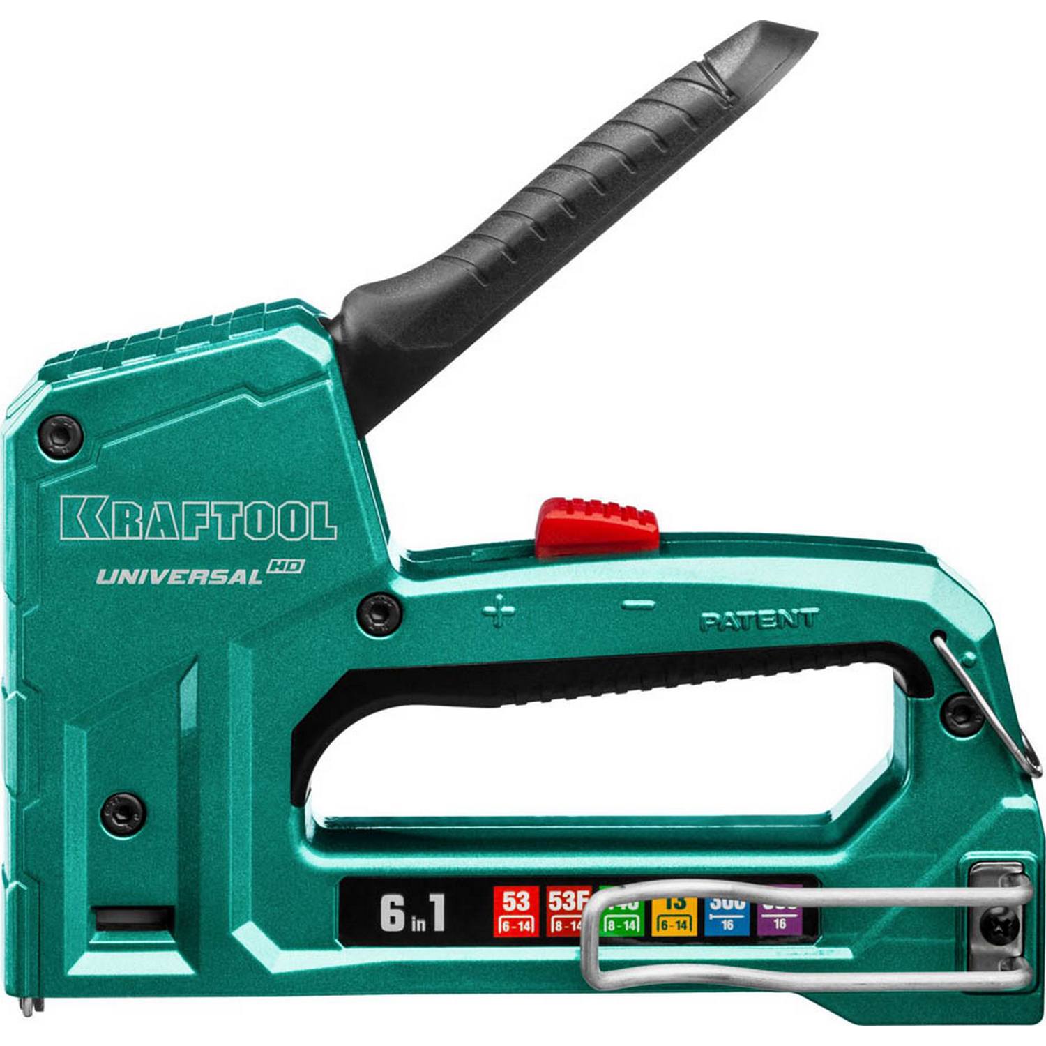 KRAFTOOL  Universal-HD, 6-в-1: 53 (A/10/JT21) 23GA (6 - 14 мм)/140 (G/11/57) 20GA (8 - 14 мм)/13/53F/300/500, универсальный алюминиевый степлер (3188)