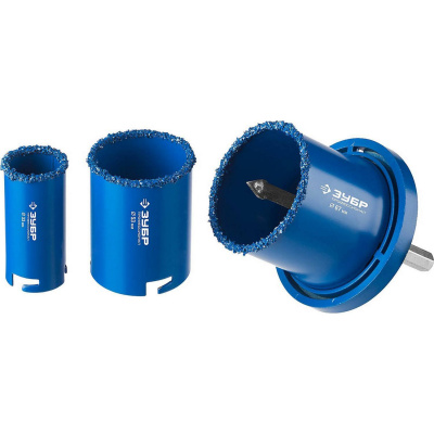 Набор кольцевых коронок ЗУБР "Профессионал" c карбид-вольфрамовым нанесением, 5 предм. в блистере: коронки d 33, 53, 67 мм, основание, сверло