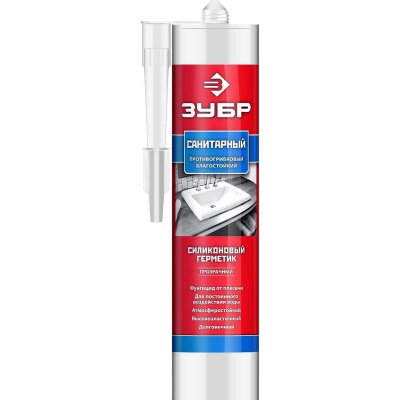 Герметик силиконовый ЗУБР прозрачный, санитарный, для помещений с повышенной влажностью, 280мл {41235-2}