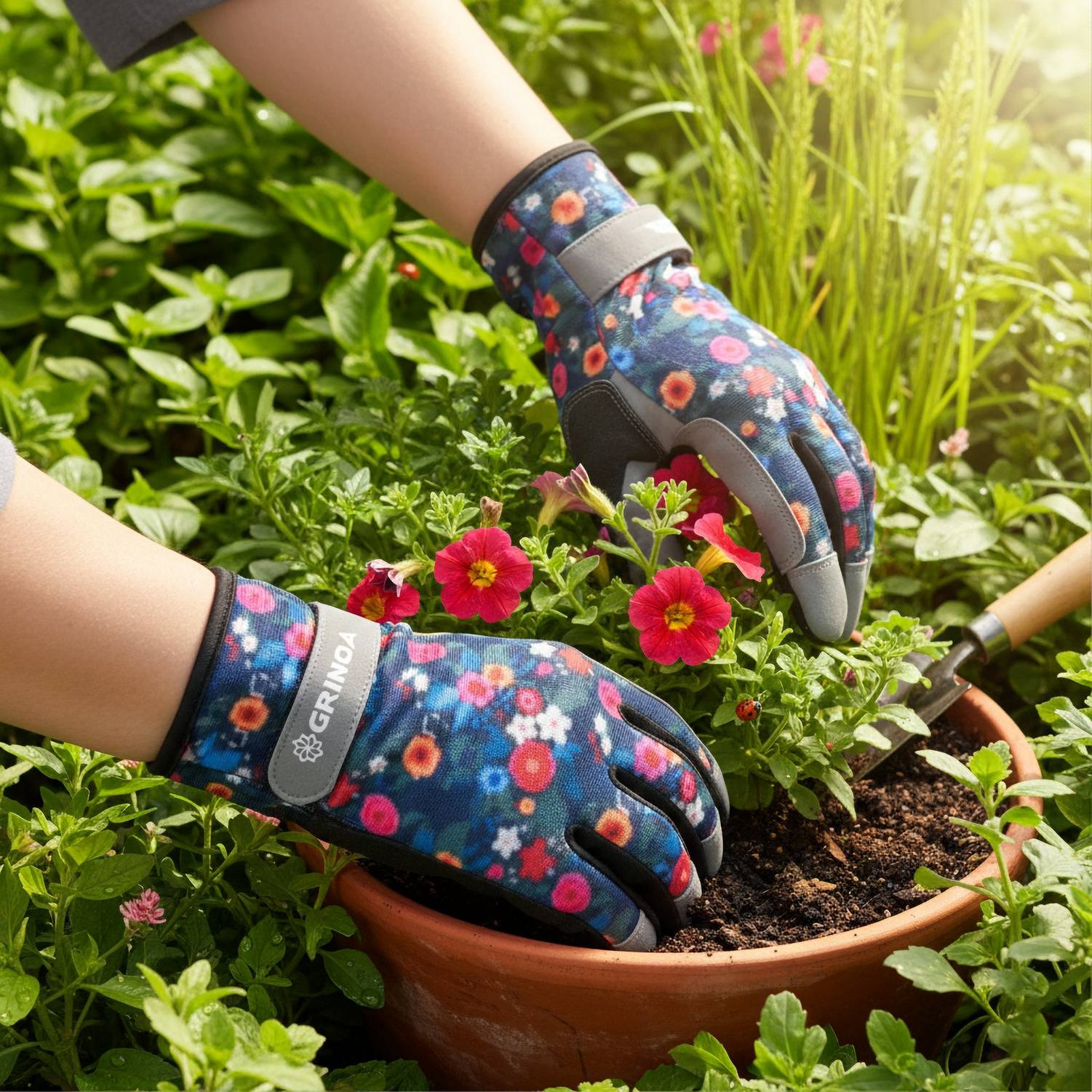 GRINDA  AMBER, S (7), садовые перчатки из искусственной кожи с усиленным наладонником и кончиками пальцев, PRO Line {1139-S}