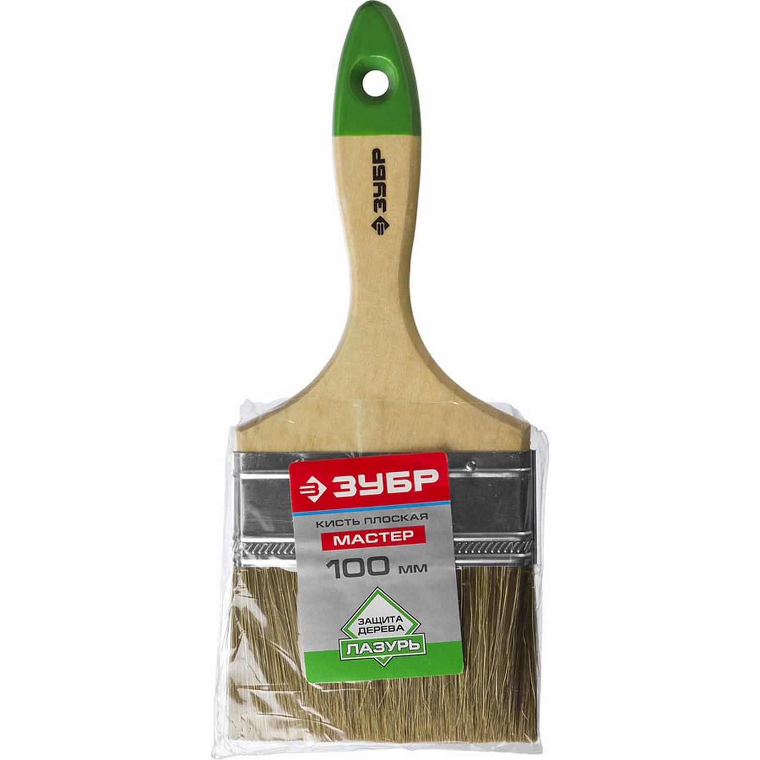 ЗУБР  Лазурь 100 мм, 4 светлая смешанная щетина, деревянная ручка, Плоская кисть, МАСТЕР (4-01009-100)