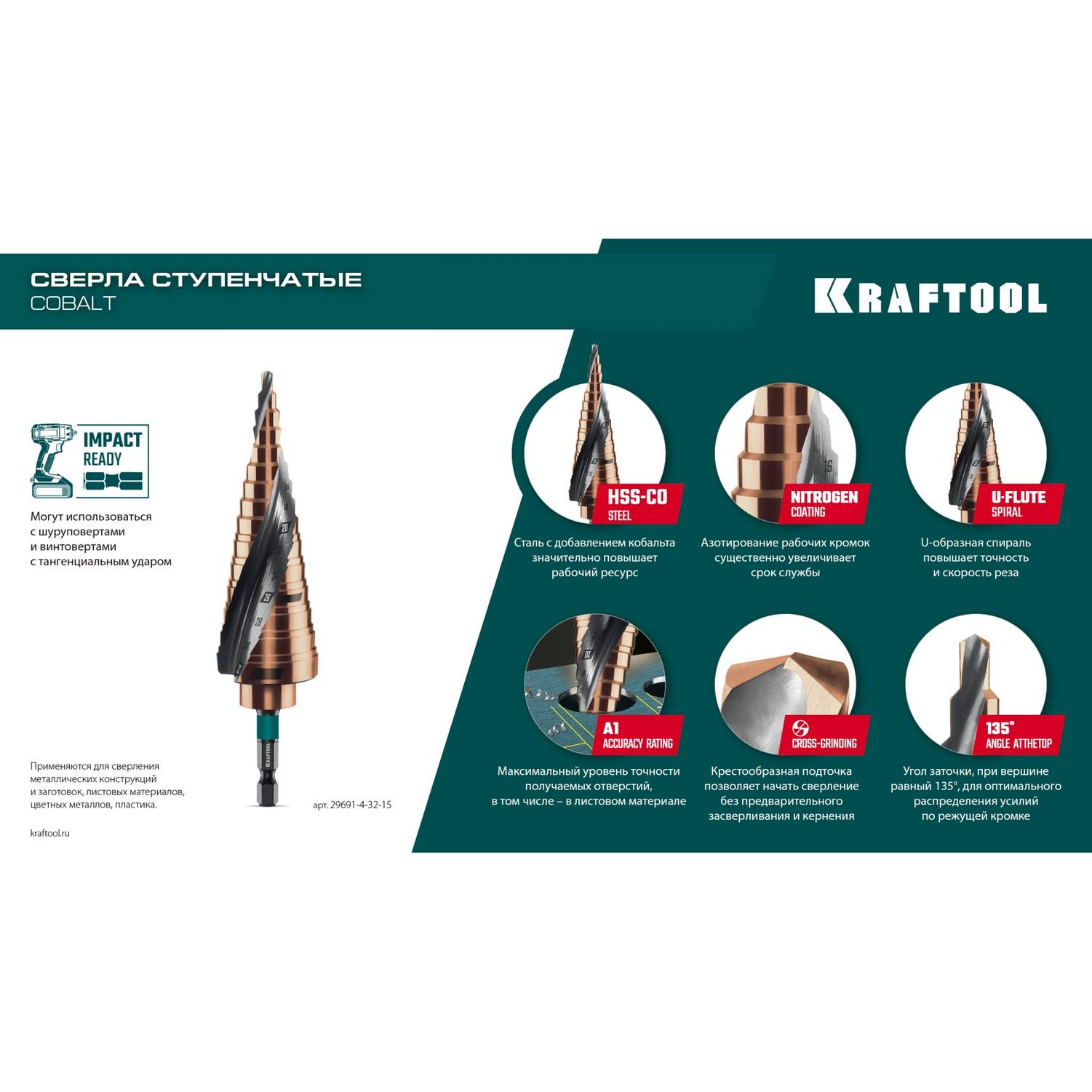 KRAFTOOL COBALT 4-20мм, 9 ступеней, азотирование, винтовая спираль, сверло ступенчатое {29691-4-20-9}