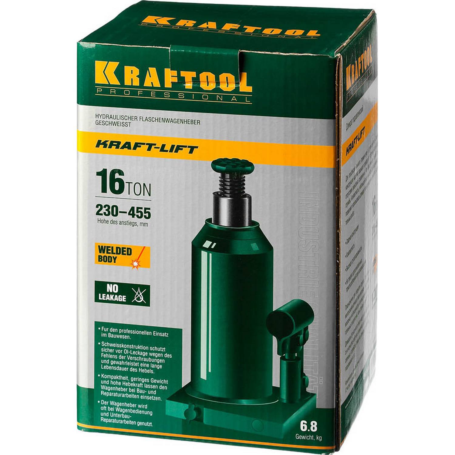 KRAFTOOL KRAFT-LIFT 16т, 230-460мм домкрат бутылочный гидравлический, KRAFT BODY {43462-16_z01}