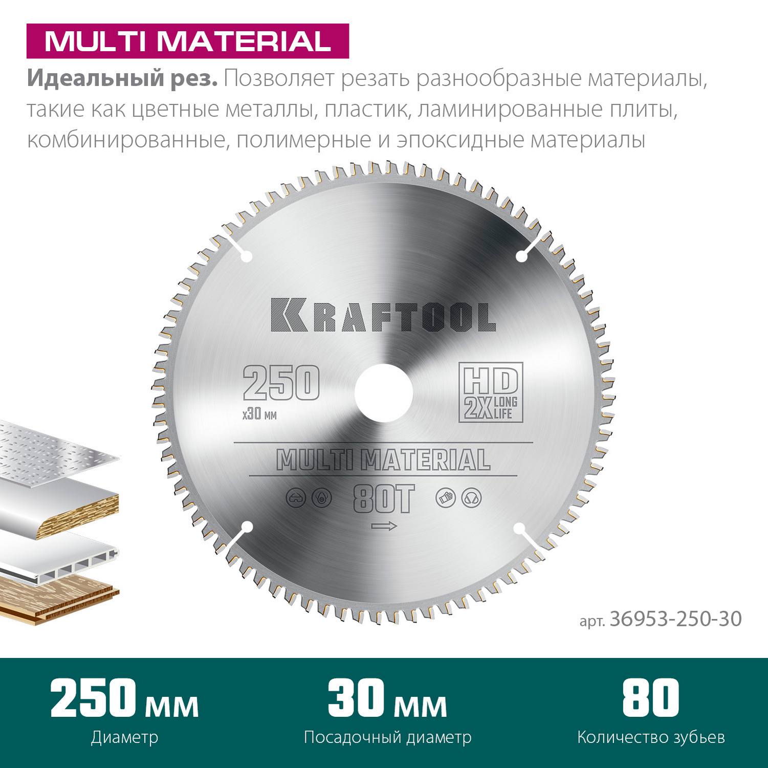 KRAFTOOL  Multi Material, 250 х 30 мм, 80Т, пильный диск по алюминию {36953-250-30}