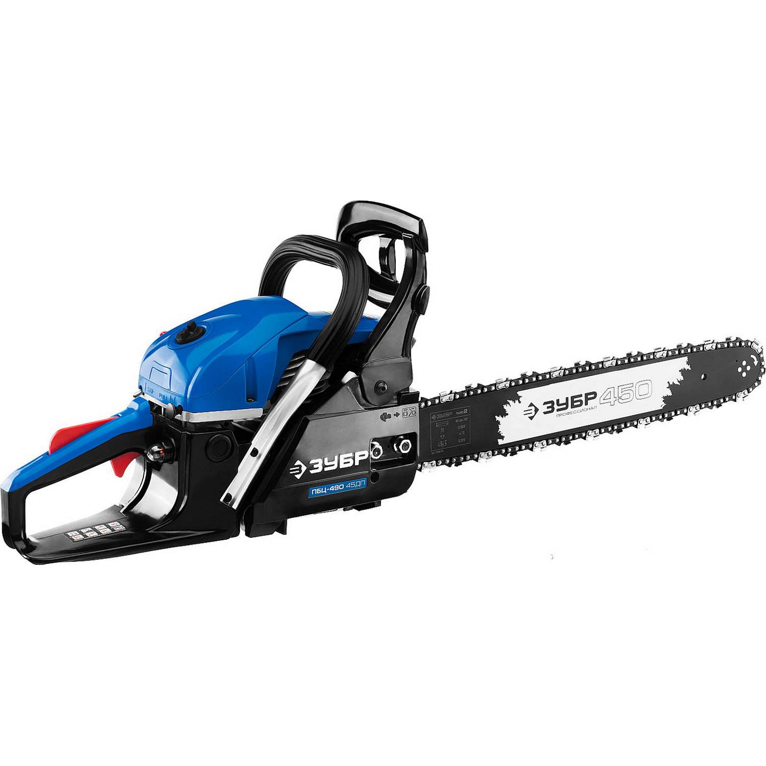 Пила цепная бензиновая, ЗУБР Профессионал ПБЦ-490 45ДП, хромир. цилиндр, праймер, декомпрессионный клапан, 49 см3 (2,2 кВт), шина 45 см, 12500 об/мин