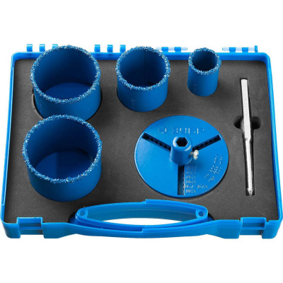 Набор кольцевых коронок ЗУБР "Профессионал" c карбид-вольфрамовым нанесением, 6 предм. в кейсе: коронки d 33, 53, 67, 73 мм, основание, сверло