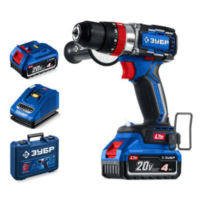 ЗУБР  20 В, 70 Н·м, 2 АКБ LMS (4 А·ч), бесщеточная ударная дрель-шуруповерт, кейс, ПРОФЕССИОНАЛ  (DBS-70-42)
