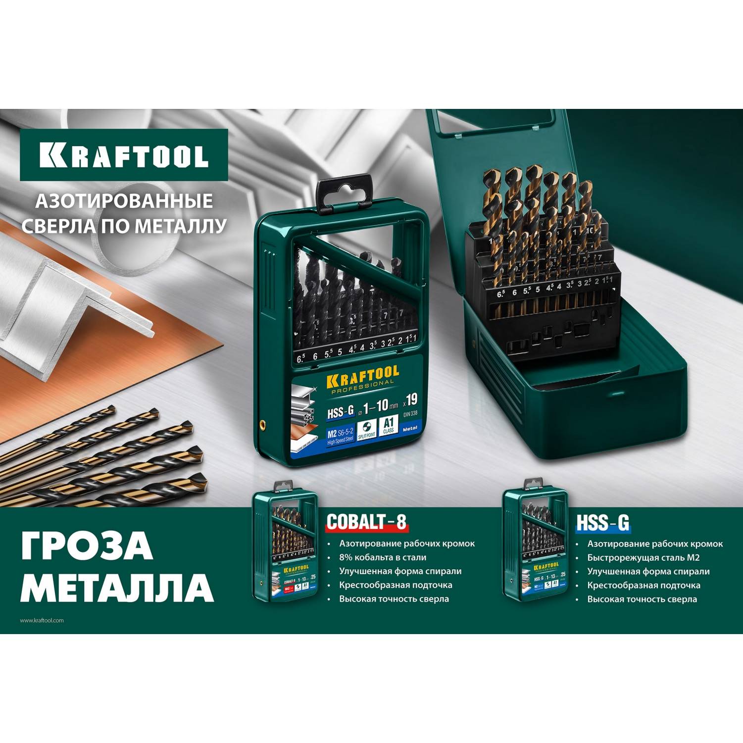 KRAFTOOL HSS-G 10шт(1-10мм), Набор сверл по металлу HSS-G, сталь М2(S6-5-2) {29651-H10}