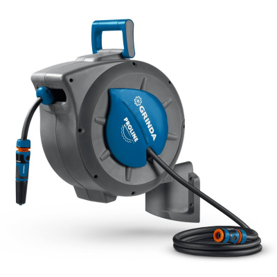 GRINDA  HRA-20, шланг 20м x 1/2", на поворотном кронштейне настенная, поливочный набор 4 предмета, катушка автоматическая со шлангом ProLine {428470}