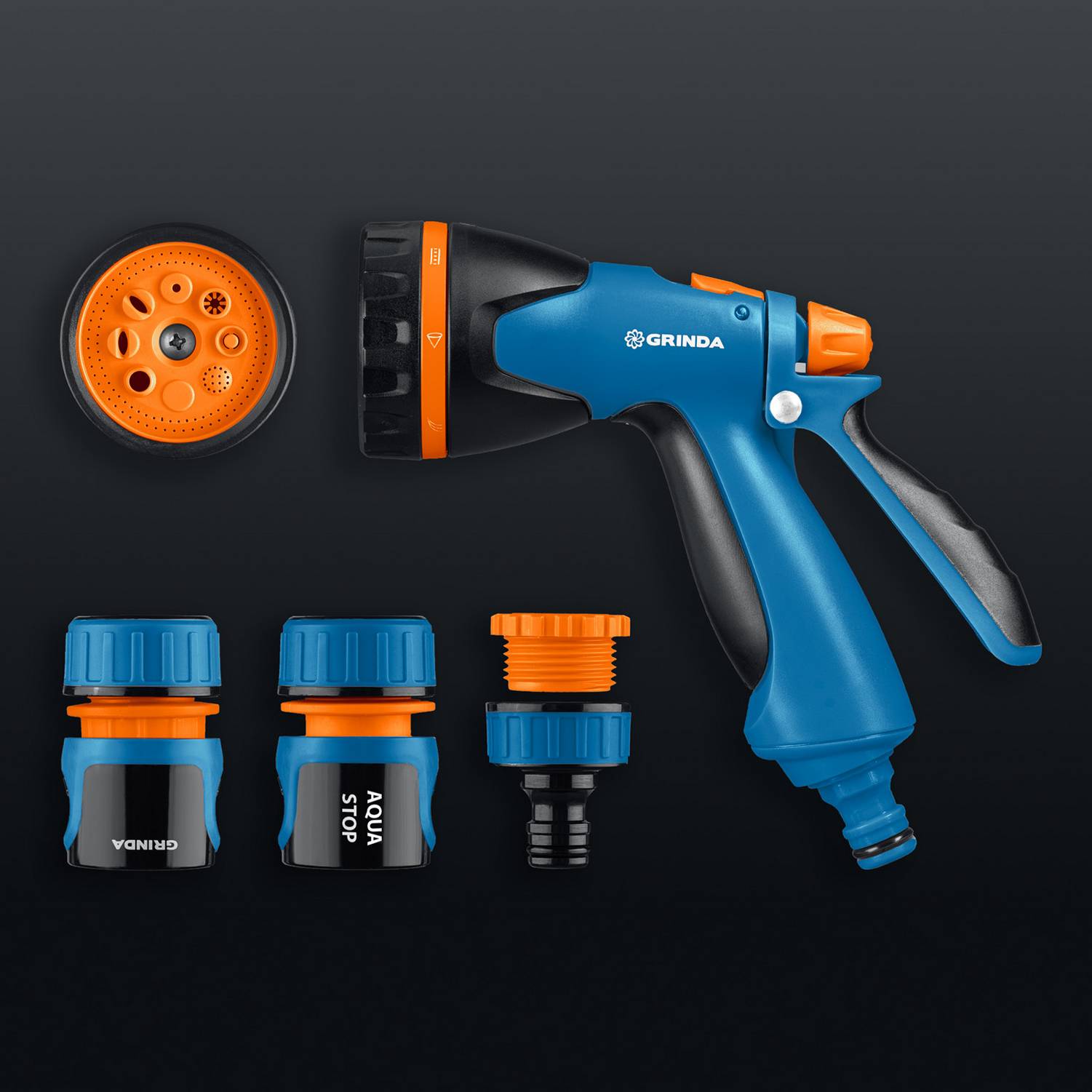 GRINDA  B-812, питолет поливочный B-8, коннектор 1/2, конектор 1/2 с автостопом, адаптер с внутр. резьбой 1/2 х 3/4, набор поливочный PROLine {429114}