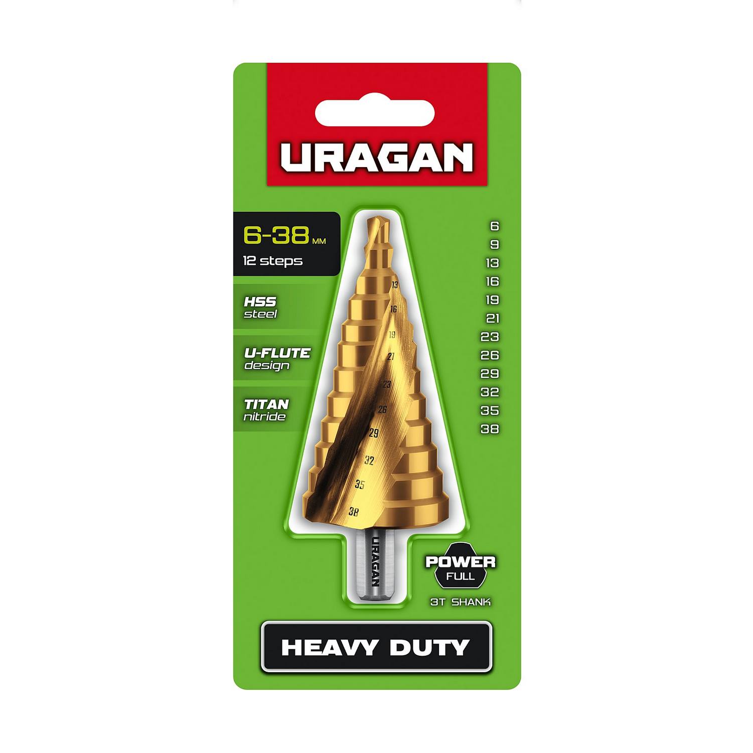 URAGAN 6-38мм, 12 ступеней, винтовая спираль, сверло ступенчатое {29658-6-38-12}
