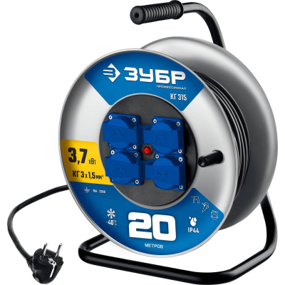 ЗУБР  КГ-315, КГ, 3 x 1.5 мм2, 20 м, 3700 Вт, IP44, силовой удлинитель на стальной катушке, Профессионал  (55080-20_z01)