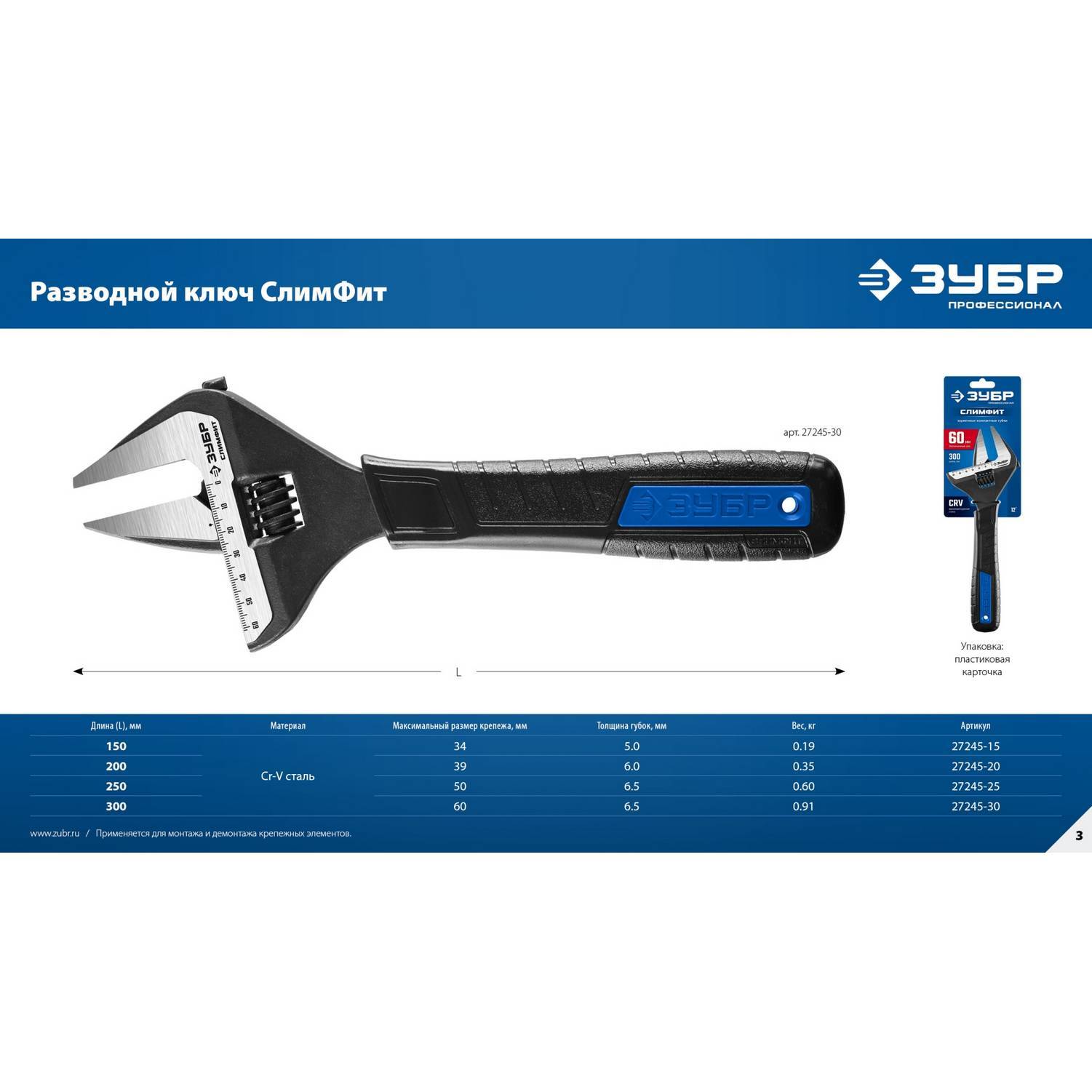 ЗУБР  СлимФит, 150 / 34 мм, разводной ключ, ПРОФЕССИОНАЛ  {27245-15}