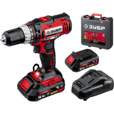 ЗУБР 14.4В, 2 АКБ (2Ач), в кейсе, дрель-шуруповер,Мастер. ДШЛ-145-22 {ДШЛ-145-22}