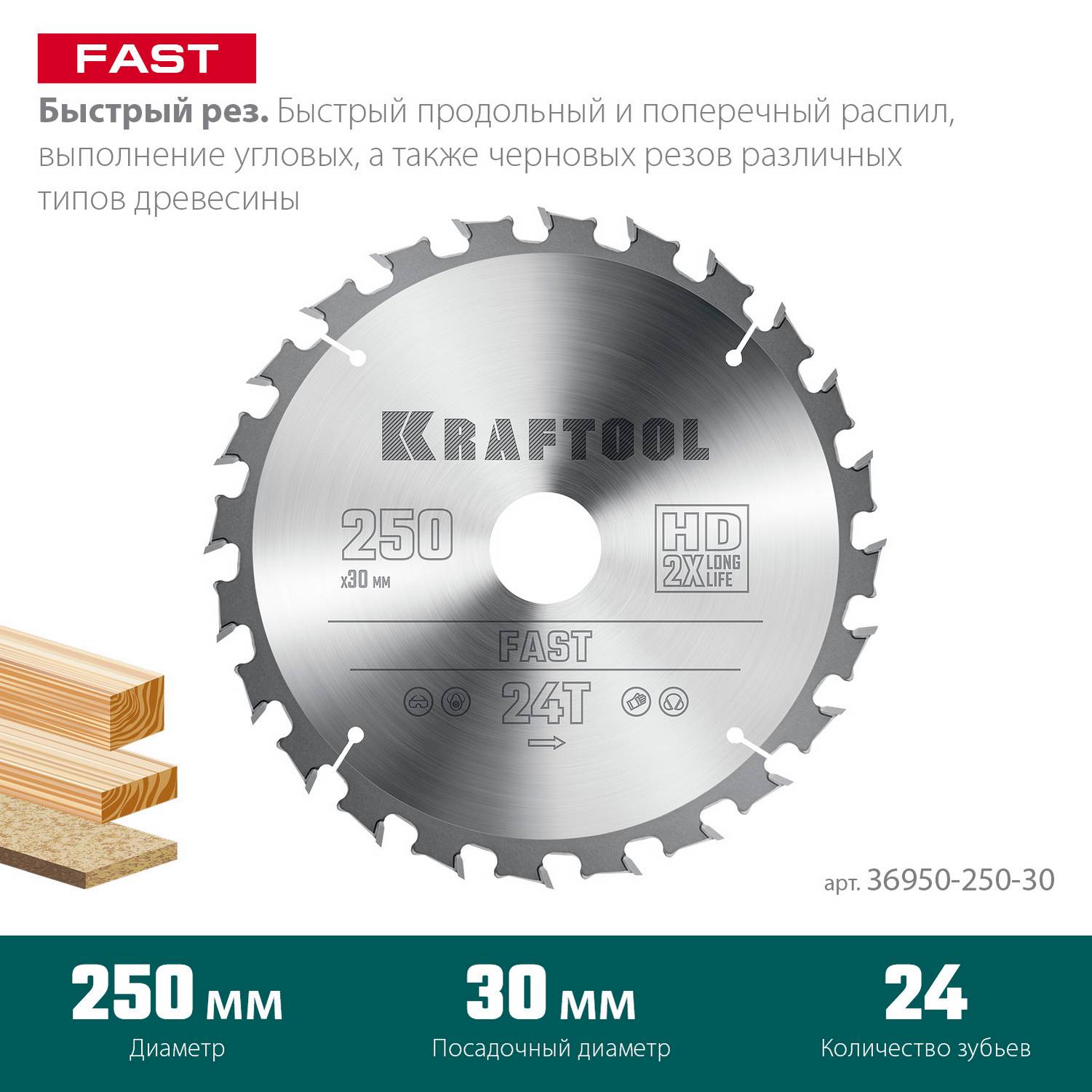 KRAFTOOL  Fast, 250 х 30 мм, 24Т, пильный диск по дереву  {36950-250-30}