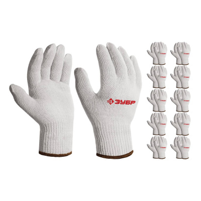 ЗУБР  ОПТИМА, L-XL, х/б перчатки без покрытия, 10 класс, 10 пар (11446-XL10)