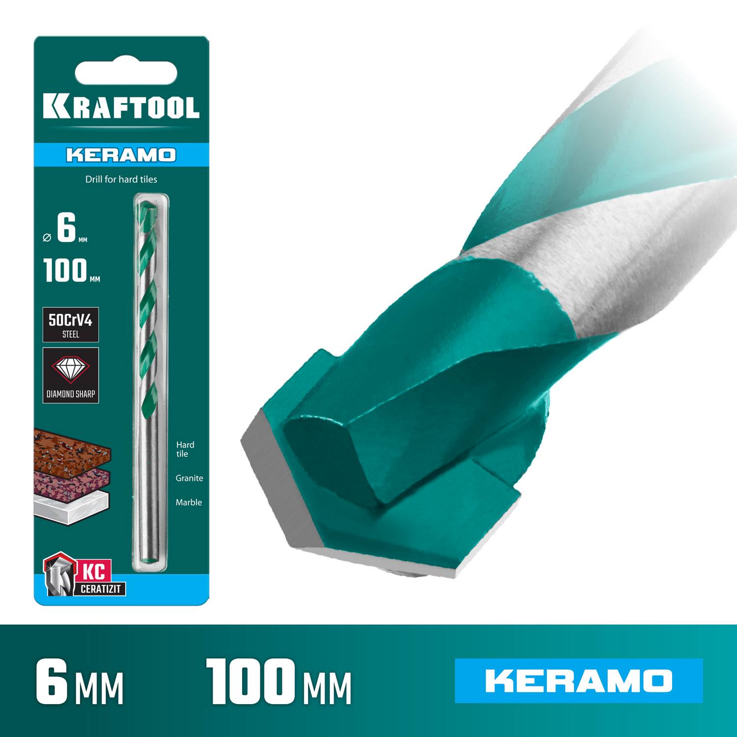 KRAFTOOL KERAMO 6 х 100 мм cверло по керамограниту с твердосплавной пластиной {29175-100-6}