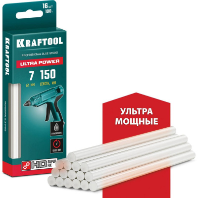 KRAFTOOL Ultra Power ультрамощные прозрачные клеевые стержни, d 7 x 150 мм  (7-8 мм)  16 шт. 100 г. {06837-16}