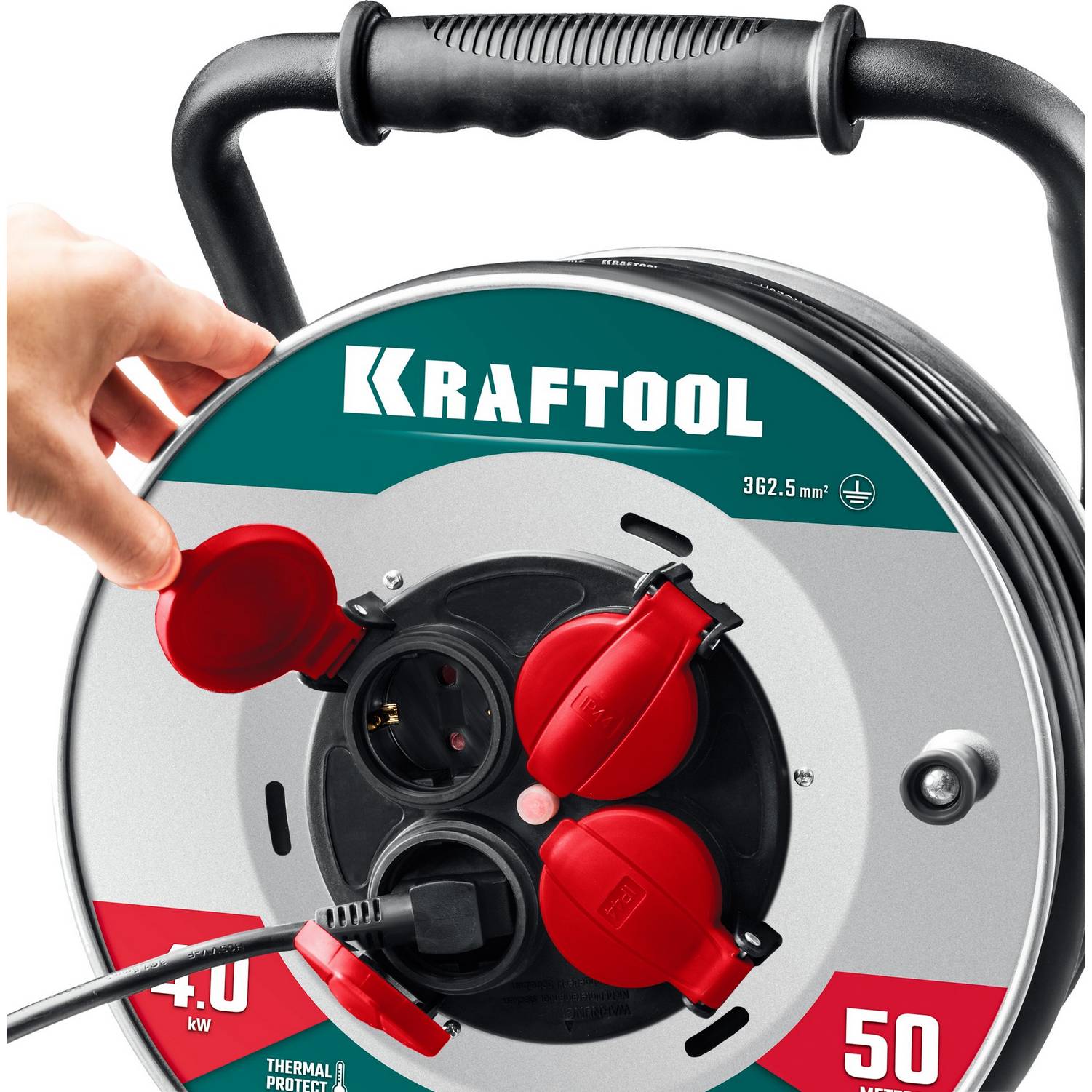 KRAFTOOL  КГ 3х2.5 50м 4000Вт IP44, HEAVY DUTYСиловой удлинитель на стальной катушке  {55086-50_z01}
