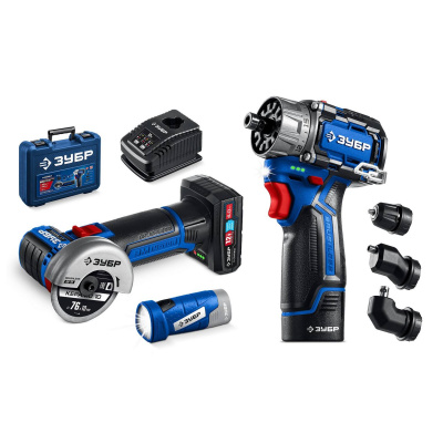 ЗУБР КОМБИ #5 набор: дрель-шуруповерт + мини УШМ + LED фонарь, BRUSHLESS, 12 В, 45 Н·м, 2 АКБ тип Т7 (4 и 2 А·ч), кейс, Профессионал  (DB-125-42ABF)