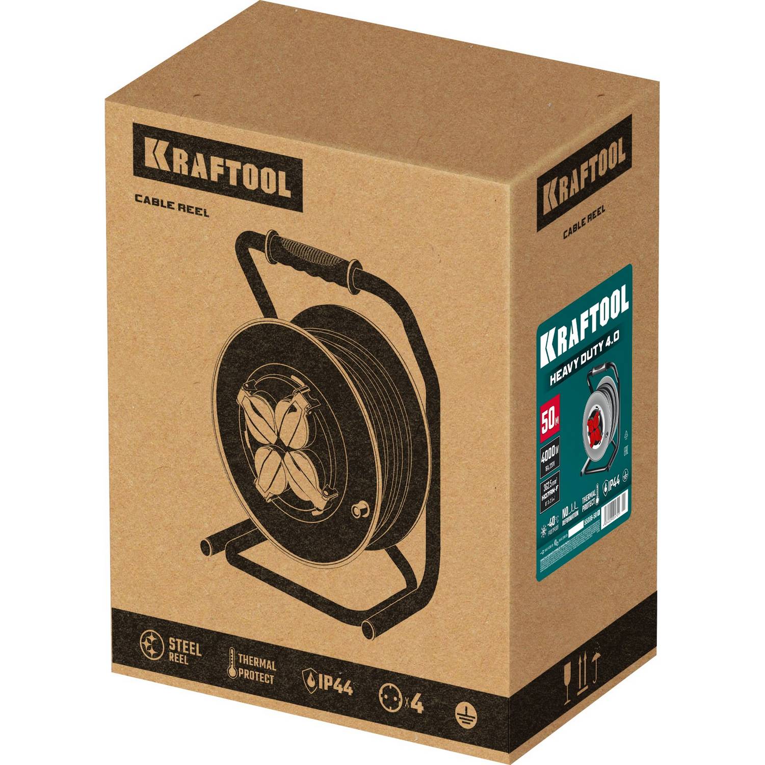 KRAFTOOL  КГ 3х2.5 50м 4000Вт IP44, HEAVY DUTYСиловой удлинитель на стальной катушке  {55086-50_z01}
