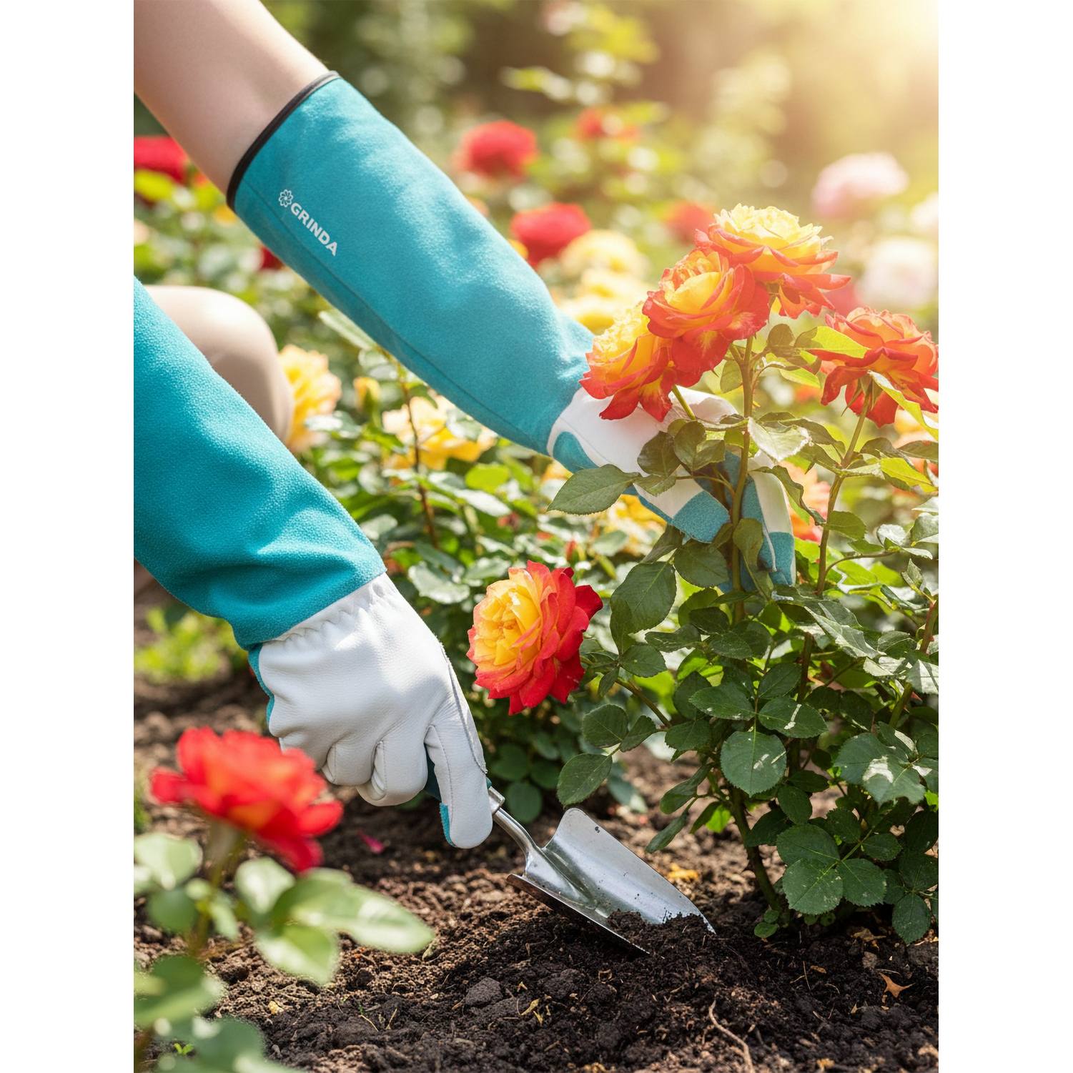 GRINDA  ROSE, M (8), кожаные садовые перчатки для колючих кустарников с увеличенной крагой, усиленная ладонь и кончики пальцев, PRO Line {11304-M}