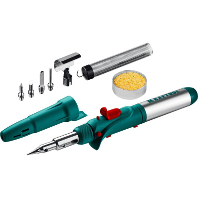KRAFTOOL  SolderGas, 120 K, 30 - 120 Вт, 1300°С, горелка, фен, пьезоподжиг, набор 10 в 1, газовый паяльник (55503-H10)