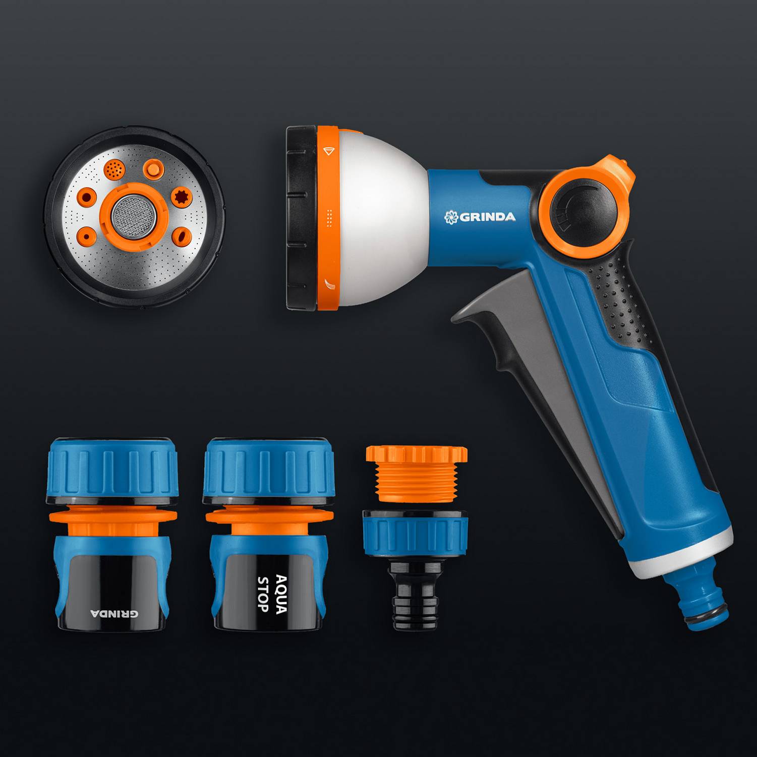 GRINDA  Х-834, пистолет поливочный X-8, коннектор 3/4, конектор 3/4 с автостопом, адаптер с внутр. резьбой 1/2 х 3/4,набор поливочный PROLine {429167}