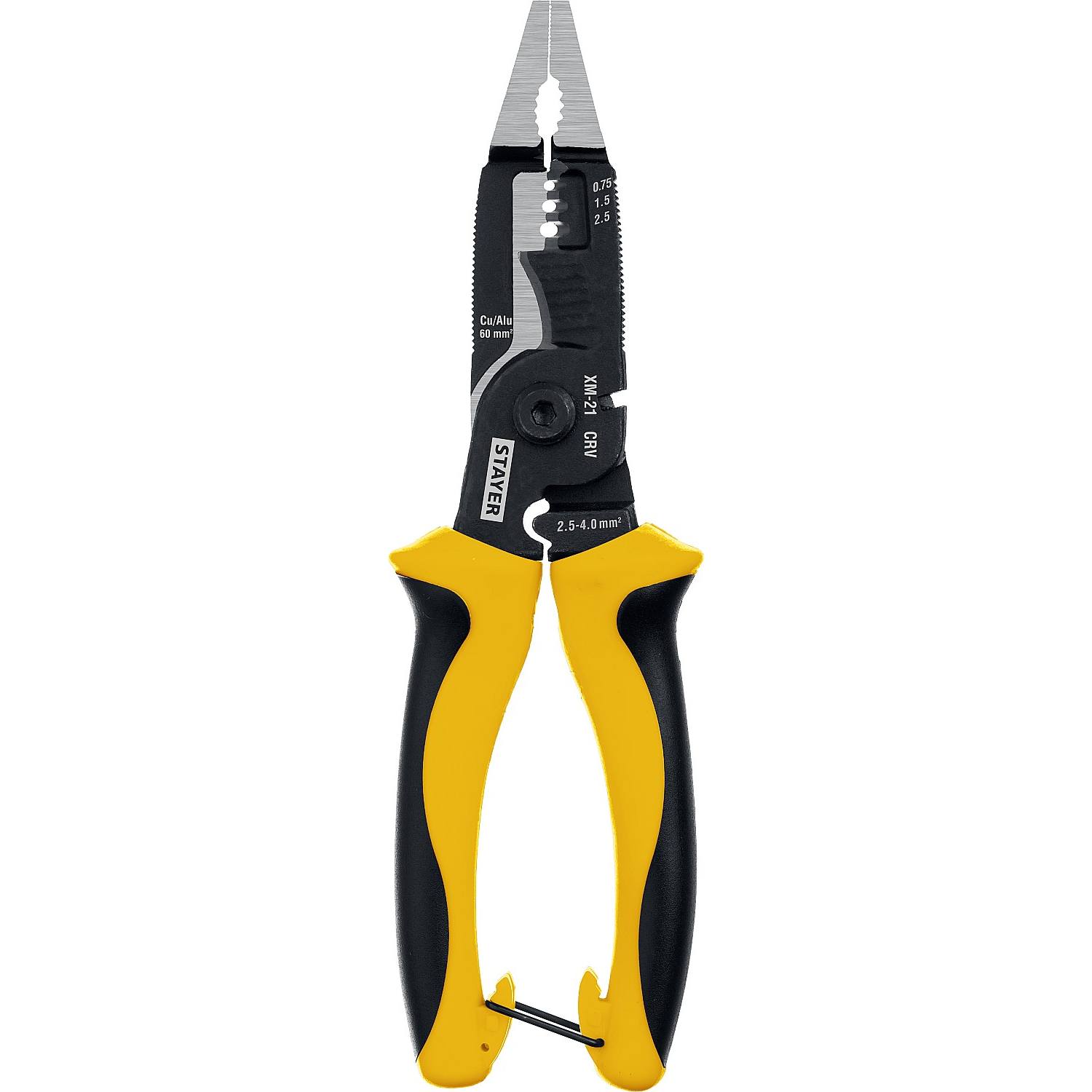 STAYER  XM-21, резка d 14мм, зачистка 0.75 – 25 мм2, кримпер 2.5 мм2, плоскогубцы 210 мм, многофункциональные клещи, Professional (23342-21)
