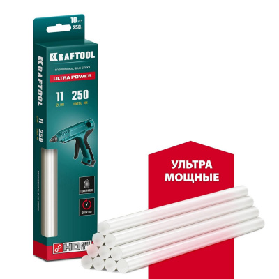 KRAFTOOL Ultra Power ультрамощные прозрачные клеевые стержни, d 11 x 250 мм (11-12 мм) 10 шт. 250 г. {06848-10}