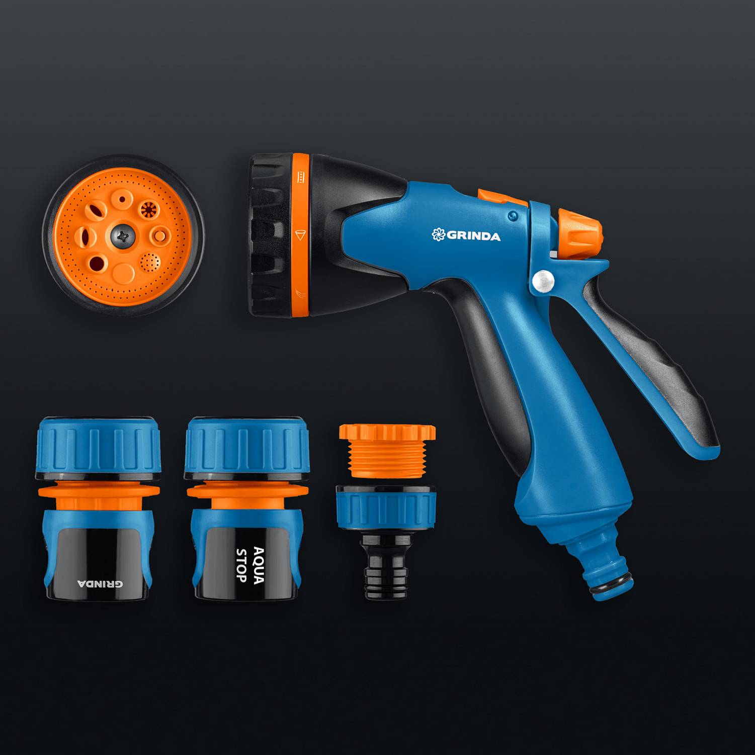 GRINDA  B-834, пистолет поливочный B-8, коннектор 3/4, конектор 3/4 с автостопом, адаптер с внутр. резьбой 1/2х3/4, набор поливочный, PROLine {429113}