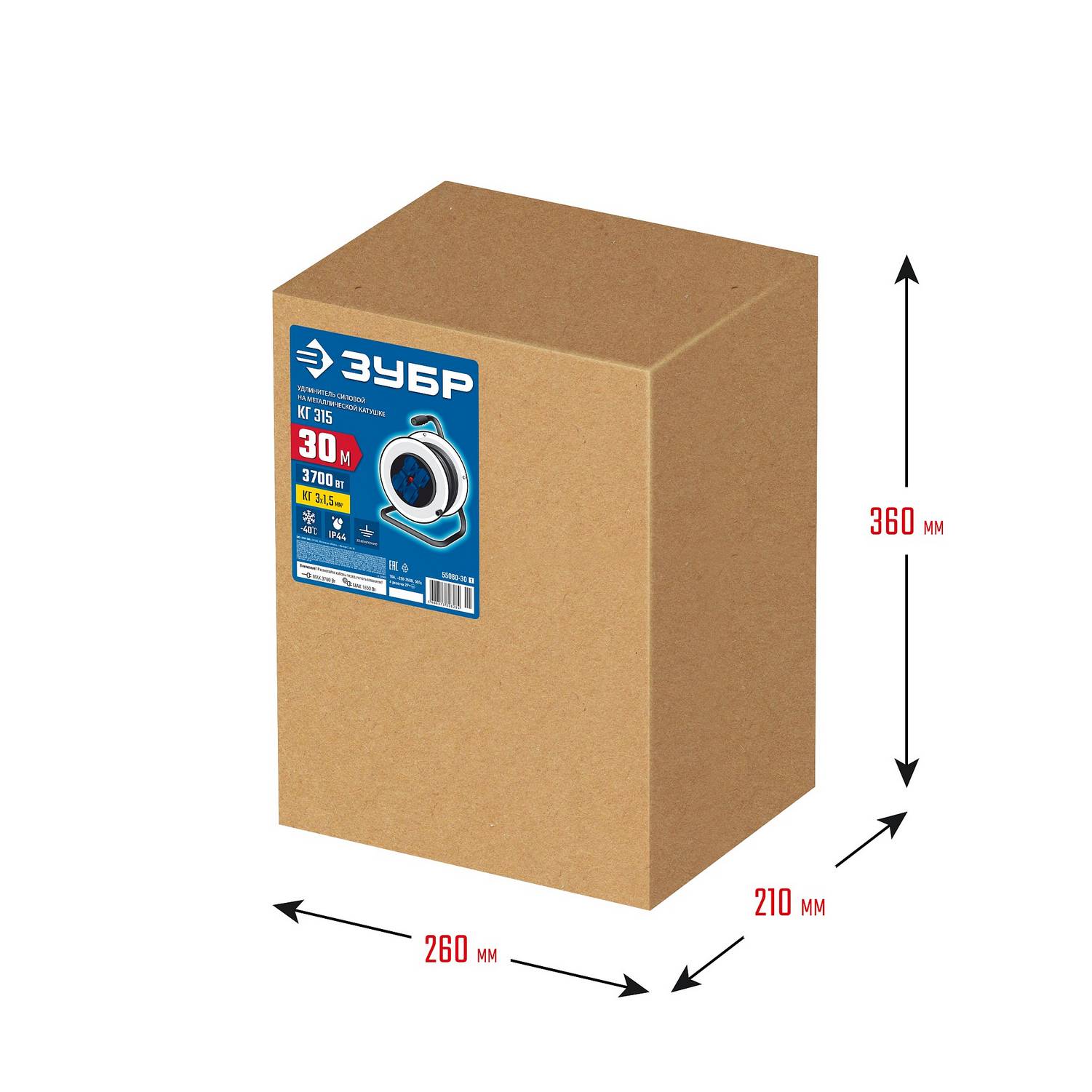 ЗУБР  КГ-315, КГ, 3 x 1.5 мм2, 30 м, 3700 Вт, IP44, силовой удлинитель на стальной катушке, Профессионал 55080-30_z01}