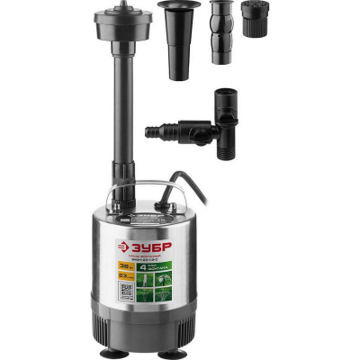 Насос фонтанный, ЗУБР ЗНФЧ-23-1.9-C, нерж сталь, для чистой воды, напор 1,9 м, насадки: колокольчик, гейзер, каскад, 38 Вт, 23 л/мин
