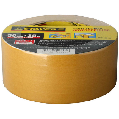 Двухсторонняя клейкая лента на полипропиленовой основе, STAYER 1221-50-25, 50мм х 25м {1221-50-25}