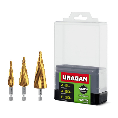 URAGAN 3 шт, 4-30мм, винтовая спираль, набор сверл ступенчатых {29658-4-30-H3}