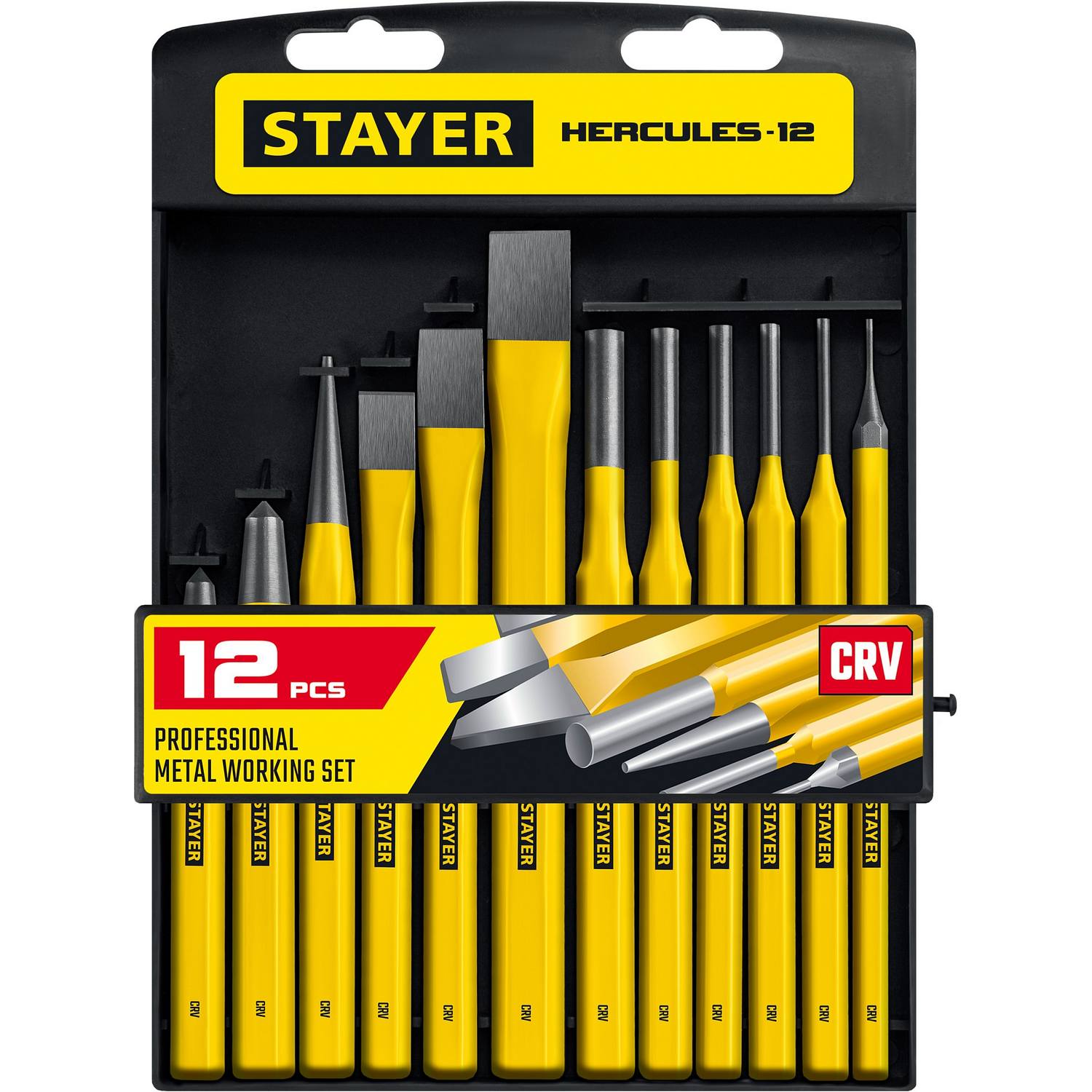 STAYER  Hercules, 12 предметов, набор зубил и кернеров в пластиковом держателе, Professional (21077-H12)