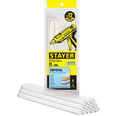 STAYER  Cristal, 11 х 200 мм, 12 шт, прозрачные, универсальные клеевые стержни Professional (0682-12)