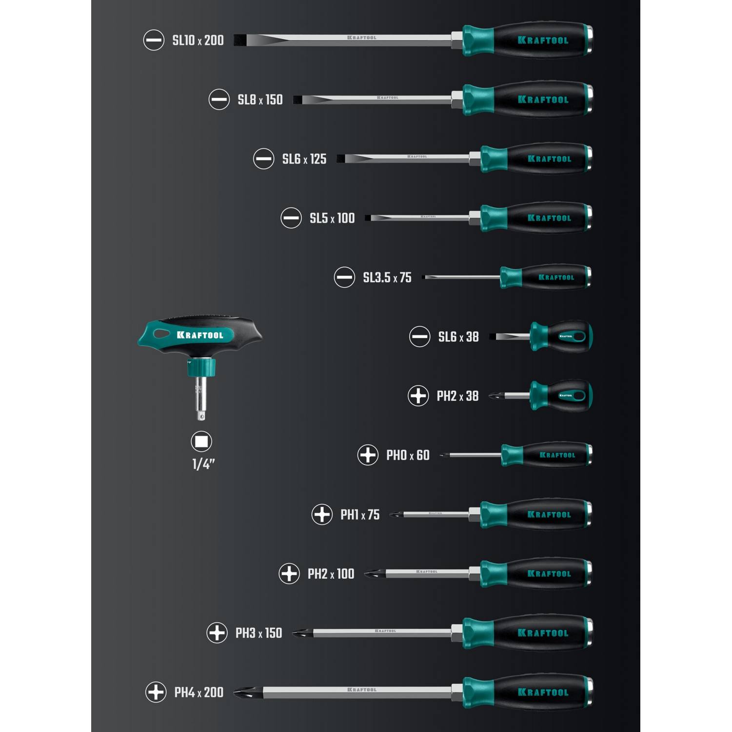 KRAFTOOL IMPACT 13 шт, сквозной стержень Cr-Mo, набор ударных отверток {25035}