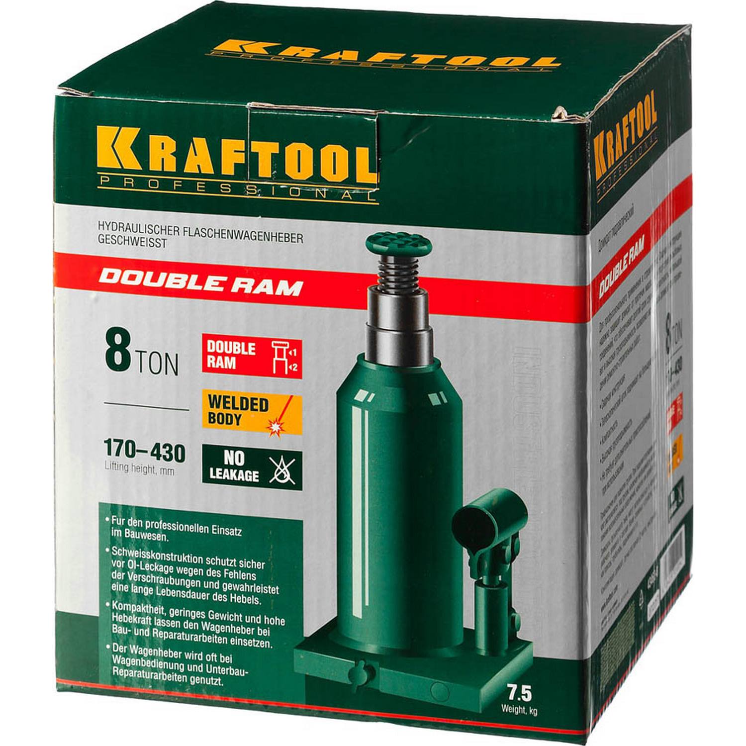 KRAFTOOL  DOUBLE RAM, 8 т, 170 - 430 мм, с увеличенным подъемом, двухштоковый бутылочный домкрат  (43463-8)
