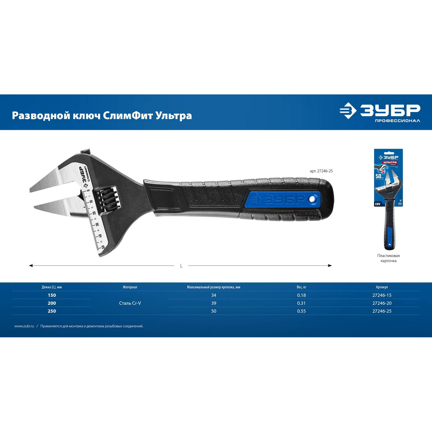 ЗУБР  СлимФит Ультра, 150/34 мм, разводной ключ, ПРОФЕССИОНАЛ {27246-15}