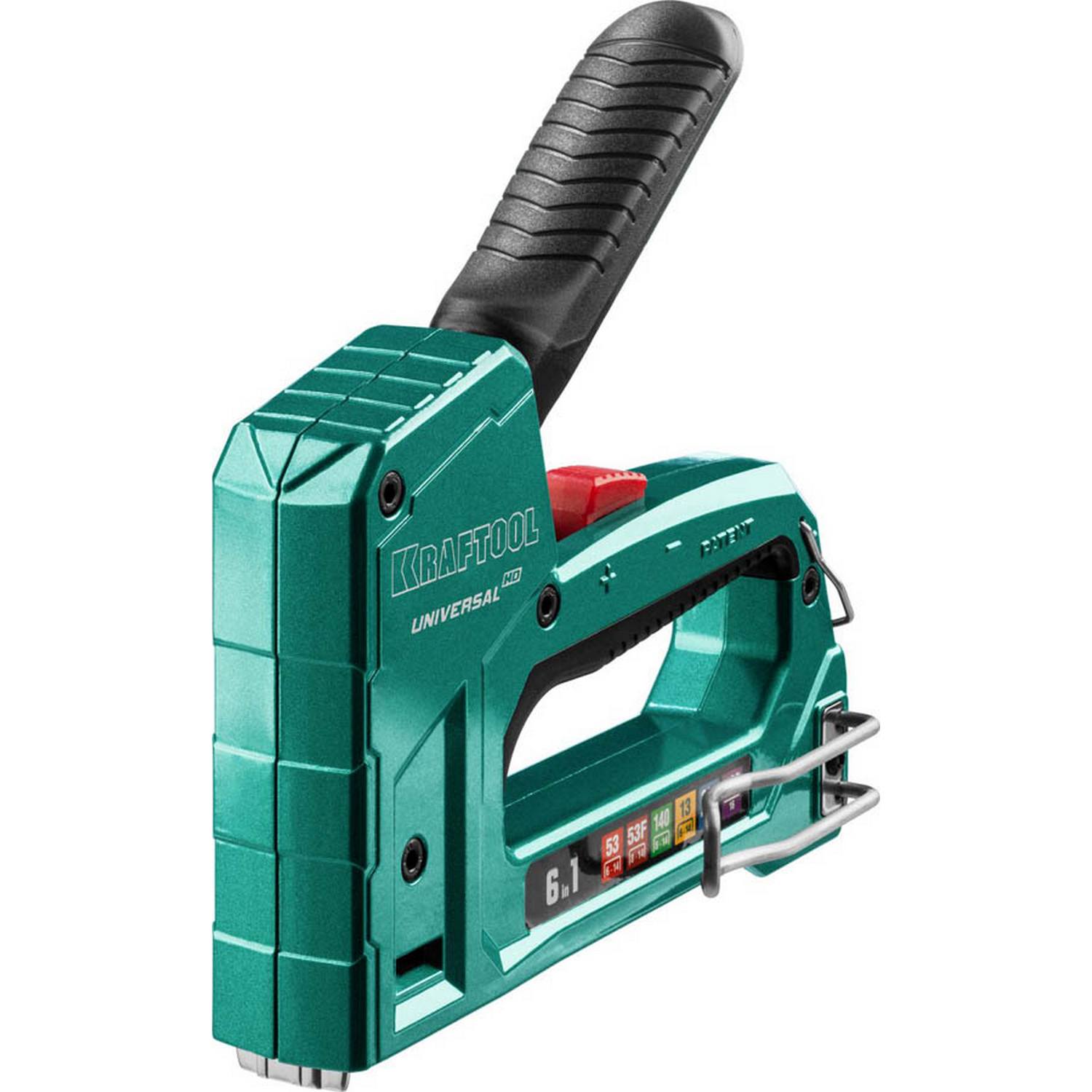 KRAFTOOL  Universal-HD, 6-в-1: 53 (A/10/JT21) 23GA (6 - 14 мм)/140 (G/11/57) 20GA (8 - 14 мм)/13/53F/300/500, универсальный алюминиевый степлер (3188)