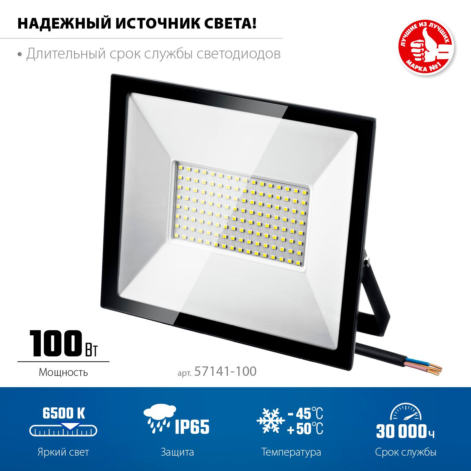 ЗУБР  ПСК-100, 100 Вт, 6500К IP65 Светодиодный прожектор Профессионал,  {57141-100}