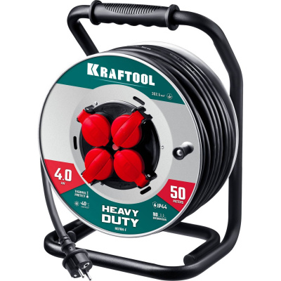 KRAFTOOL  КГ 3х2.5 50м 4000Вт IP44, HEAVY DUTYСиловой удлинитель на стальной катушке  {55086-50_z01}